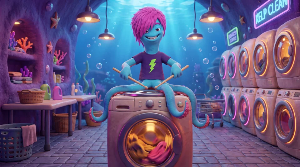 Torrance playing a washing machine like a drum kit in an underwater laundromat.