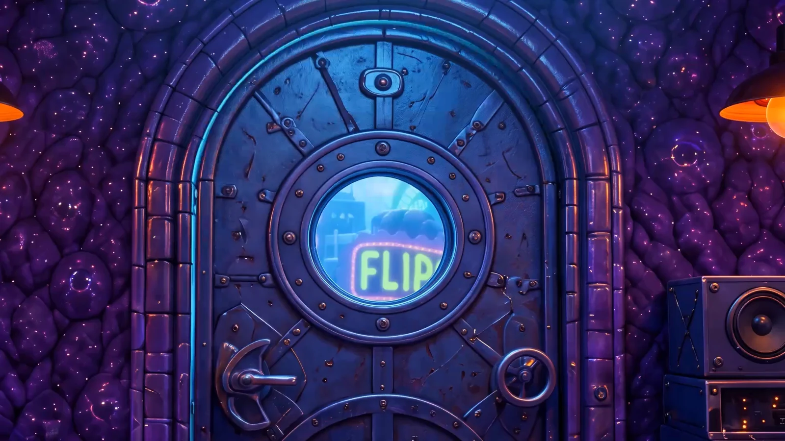 A glowing purple underwater music venue in the world of Deep Sea Fuzzies.